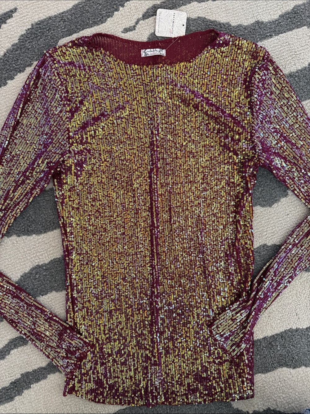 Free People Burgundy and Gold Sequin Long-Sleeve Crewneck Top